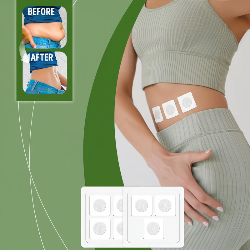 A promotional composite for a body-shaping patch product. A woman in ribbed sage-green activewear is shown from the waist up, holding her lower abdomen, with a before/after inset on the left.